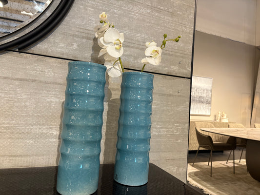 Ridged Tall Blue Vases